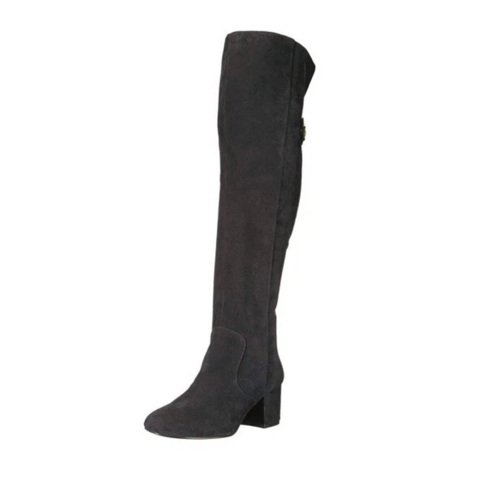 Nine West 8.5 Tall Suede Boots With Gold Buckle Small Heel Round Toe